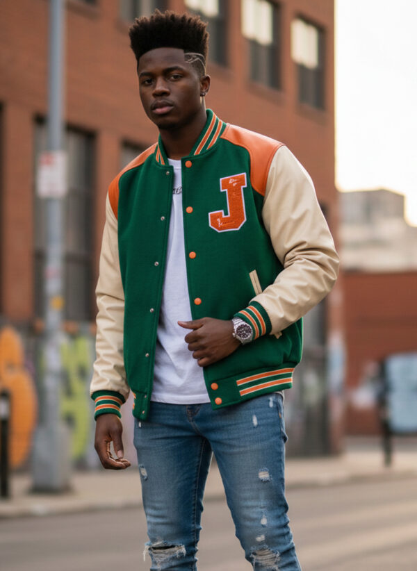 green and orange varsity jacket